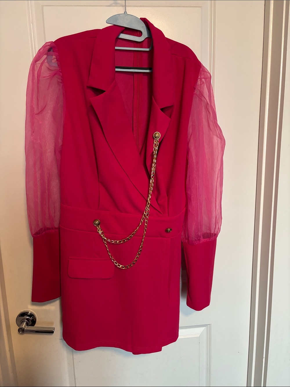 Flanker Plus Women's Hot Pink Puff-Sleeve Jumpsuit Blazer with Gold Chain